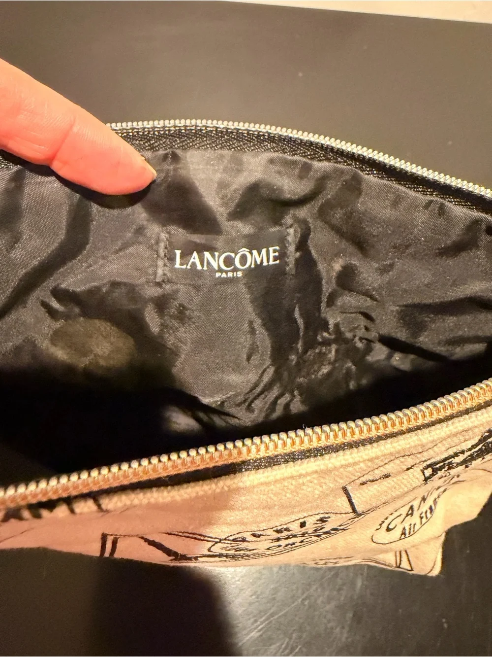 Lancome Beige Cosmetic Pouch with Black Travel Stamp Print